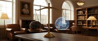 Antique brass scales of justice on wooden desk in traditional law office with leather furniture and bookshelves creating professional legal atmosphere.