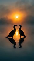 Two waterfowl silhouettes form a heart shape at sunrise over misty water, symbolizing love and connection for romantic and nature-themed designs.