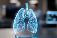 Glowing blue holographic lungs visualization showing detailed anatomical structure with particles and network connections on medical display stand.