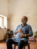 Senior man with gray beard and dark skin tone sitting on wooden stool in rustic interior, wearing blue shirt, laughing with hands on belly, suitable for lifestyle, wellness, and aging content.