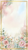 Watercolor floral frame with roses, peonies, and eucalyptus on cream background with gold border, suitable for invitations and greeting cards.