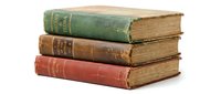 Stack of three antique leather-bound books with worn spines in green, brown, and red tones, isolated on white background for design use.