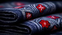 Folded denim fabric with red floral embroidery pattern in close-up view showing detailed texture and stitching. Dark moody lighting highlights decorative elements.