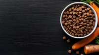 Dry pet food kibble in white bowl with fresh carrots on dark wooden background, copy space for text. Pet nutrition and healthy eating concept.
