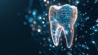 Digital tooth wireframe model with glowing network connections on dark blue background with bokeh lights, representing dental technology and innovation.