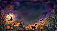 Halloween spooky night scene with witch silhouette flying over pumpkins, haunted house, black cats and bats against purple orange sky for seasonal designs.
