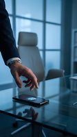 Businessman hand reaching for smartphone on glass conference table in modern office boardroom with dramatic lighting and window reflections.