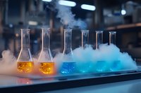 Laboratory glassware with colorful liquids in yellow and blue surrounded by dramatic dry ice vapor effect creating atmospheric scientific research scene.