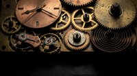 Vintage clockwork mechanism with brass gears, springs and clock face components arranged on dark surface for steampunk and mechanical design projects.