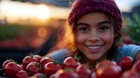 Young girl with burgundy beanie smiling behind fresh cherry tomatoes at sunset, warm golden light creating bokeh background.