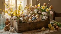 Rustic wooden crate filled with speckled eggs, spring flowers and blooming branches creates charming Easter centerpiece for seasonal home decor and holiday celebrations.