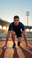 Athletic young Caucasian male sprinter in starting position on running track at stadium during golden hour sunset, ready to begin race in competitive sports setting.