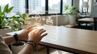 Professional hand interacting with transparent holographic display showing business analytics and financial data in modern office workspace with plants and windows.
