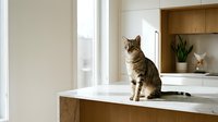 Tabby cat sitting on a marble kitchen counter in a modern minimalist home interior with warm wood accents and natural light.