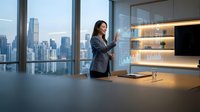 Professional Asian businesswoman presenting data analytics on glass board in modern office with city skyline view during evening hours.