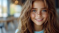 Young woman with bright blue eyes and wavy brown hair smiling warmly at camera, natural soft lighting creates gentle bokeh effect in background.