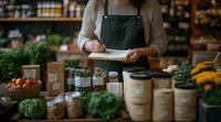 Young Asian woman in apron writing in notebook at counter with fresh produce and glass jars of bulk ingredients in zero waste grocery store or organic market.