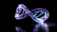 Glowing DNA helix structure with purple and blue sparkles on dark background, genetic science concept with luminous molecular chain and reflection.