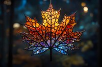 Stained glass maple leaf suncatcher with vibrant orange, yellow and blue colors against dark bokeh background creates magical autumn atmosphere.