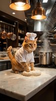 Orange tabby cat wearing chef hat and white uniform cooking in professional kitchen with copper pots and pendant lights for culinary humor concepts.