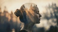Woman with closed eyes in profile, forest landscape double exposure effect overlaid on her head and face, coniferous trees and misty woodland scenery, warm golden hour lighting, contemplation and nature connection concept for wellness and mindfulness.