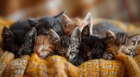 Adorable sleepy kittens cuddling together on cozy yellow knitted blanket, creating heartwarming pet portrait for animal lovers.