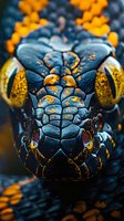 Extreme close-up macro photograph of snake head with striking black scales and yellow markings, showing intricate details and patterns in dramatic lighting.