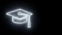 Glowing neon graduation cap with tassel on dark background, isolated design element for education, learning, and academic achievement concepts.