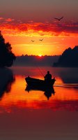 Silhouette of lone fisherman in boat against dramatic orange sunset sky with flying birds, calm lake reflection creates serene outdoor scene.