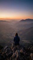 Woman with long reddish-brown hair, wearing dark blue jacket, sitting on rocky mountain peak overlooking misty valley at sunrise. Ideal for travel, adventure, and wellness content.