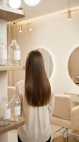 Modern hair salon interior with young woman client showing long straight brown hair from behind in minimalist beige treatment room with professional styling.