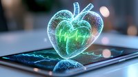 Digital heart hologram with ECG wave floating above medical tablet device, glowing neon blue and green light effect creates futuristic healthcare visualization.