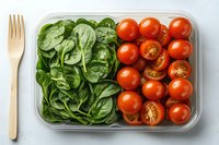 Fresh baby spinach leaves and halved cherry tomatoes in plastic container with wooden fork, healthy meal prep ingredients for salad or cooking.