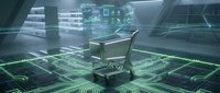 Futuristic command center with holographic displays and control chair in sci-fi environment for technology and gaming concepts.