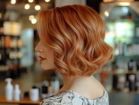 Strawberry blonde woman with wavy bob haircut and red lips shown in profile at salon. Trendy short hairstyle features soft curls and dimensional honey-golden highlights.