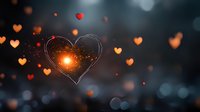 Glowing heart shape with sparkles and bokeh lights against dark background, floating orange and red heart shapes create romantic atmosphere for Valentine's Day designs.