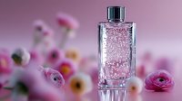 Elegant glass perfume bottle with pink liquid surrounded by soft pink ranunculus flowers on gradient background for luxury beauty and fragrance concepts.