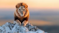 Majestic male lion with golden mane resting on rocky outcrop during golden hour sunset, powerful African wildlife predator in natural savanna habitat.