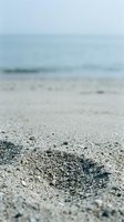 Close-up of sandy beach with shallow depth of field, blurred ocean and horizon in background. Suitable for travel, summer, and coastal lifestyle designs.