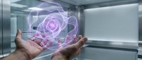 Hands presenting holographic purple rose projection in modern futuristic laboratory setting with advanced technology interface for digital innovation concepts.