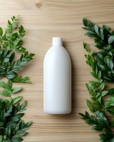 White cosmetic bottle on wooden background with green leaves frame. Mockup for beauty product packaging, natural skincare, or eco-friendly container design.