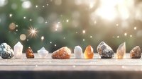 Healing crystals and mineral stones arranged in line with magical sparkles and bokeh lights on wooden surface against green blurred background.