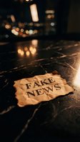Crumpled paper with fake news text on wet pavement at night with blurred city lights creating atmospheric bokeh background for media literacy concepts.