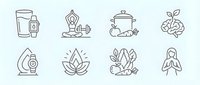Wellness and mindfulness line icons set featuring yoga meditation cooking healthy food brain fitness nature elements and self-care activities for holistic lifestyle.