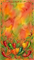 Vibrant watercolor background with warm sunset hues of red, orange, yellow, and green, framed by decorative border of illustrated peppers and chili peppers with leaves.