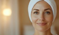 Smiling Caucasian woman wearing white towel on head after shower or spa treatment, natural beauty portrait with warm lighting and soft focus background.