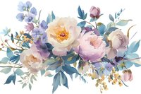 Delicate watercolor floral arrangement featuring soft pink peonies, purple irises and blue foliage in pastel tones, creating romantic botanical composition.