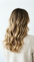 Young woman with long wavy blonde balayage hair from behind wearing cream sweater against white background for beauty and hair care concepts.