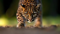Spotted wild cat with intense blue eyes crouching in hunting position on forest ground with blurred natural background for wildlife photography projects.
