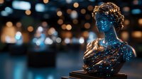 Glowing blue luminescent classical sculpture bust against dark background with bokeh lights, creating mysterious artistic atmosphere. Decorative statue illuminated dramatically.